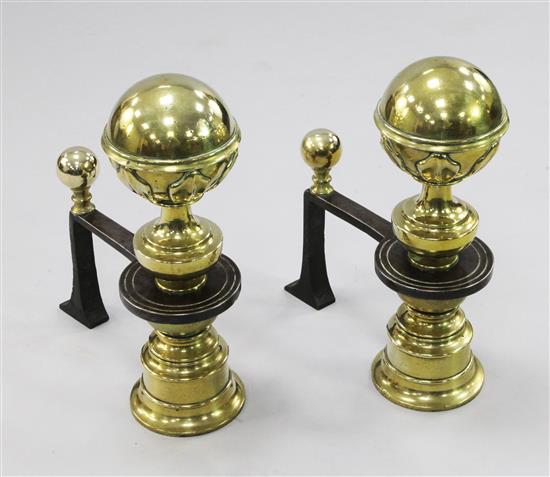 A pair of late 19th century brass and steel andirons, 18in.